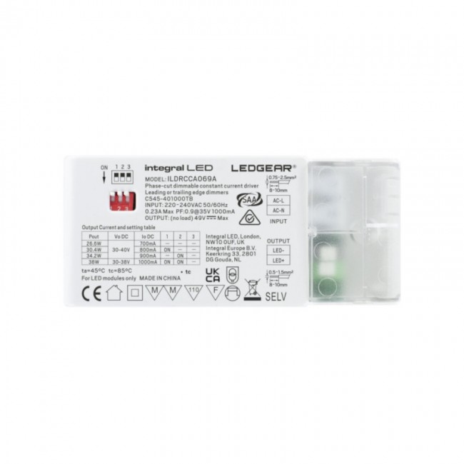 CONSTANT CURRENT DRIVER ADJUSTABLE OUTPUT 26.6-38W 700-1000MA IP20 TRIAC DIMMABLE 30-40V OUTPUT