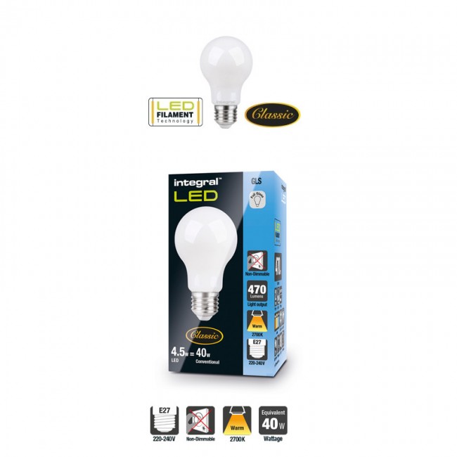 Classic Filament Globe (GLS) Frosted E27 4.5W (40W) 2700K 470lm Non-Dimmable 300 deg Beam Angle