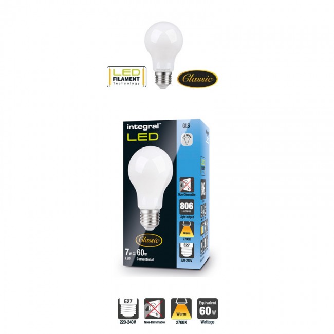 Classic Filament Globe (GLS) Frosted E27 7W (60W) 2700K 806lm Non-Dimmable 300 deg Beam Angle