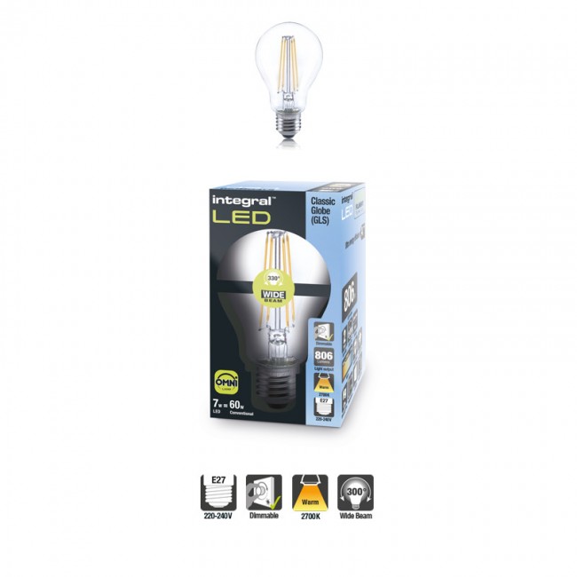Classic Globe (GLS) Full Glass Omni-Lamp 7W (60W) 2700K 806LM E27 Dimmable 300 deg Beam Angle