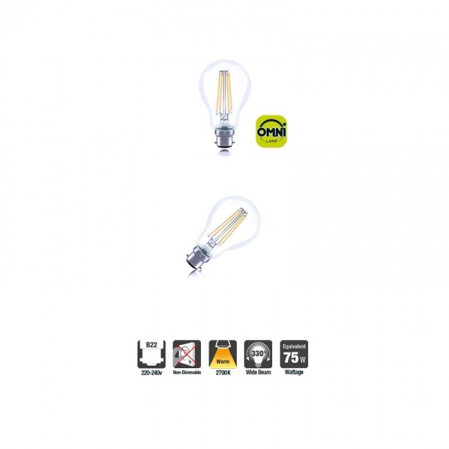 Classic Globe (GLS) Full Glass Omni-Lamp 8W (75W) 2700K 1055lm B22 Non-Dimmable 330 deg Beam Angle