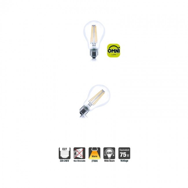Classic Globe (GLS) Full Glass Omni-Lamp 8W (75W) 2700K 1055lm E27 Non-Dimmable 330 deg Beam Angle