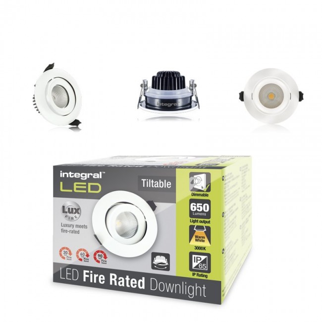 Fire Rated Tiltable Downlight 9W (51W) 3000K 650lm 36 deg beam angle 92mm cut-out Dimmable