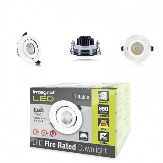 Fire Rated Tiltable Downlight 9W (51W) 3000K 650lm 55 deg beam angle 92mm cut-out Dimmable
