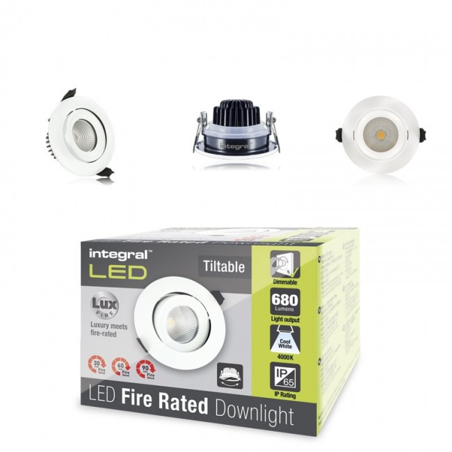 Fire Rated Tiltable Downlight 9W (55W) 4000K 680lm 55 deg beam angle 92mm cut-out Dimmable