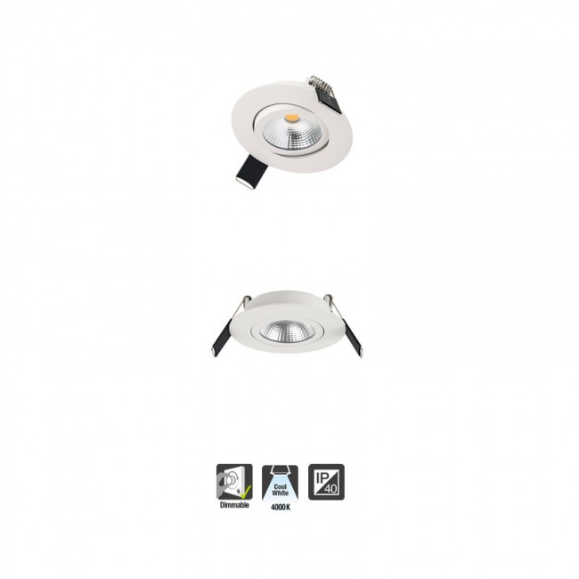 Lux Ultra Slim Tiltable Downlight 6.5W 4000K 670lm 65mm cut out Dimmable 103lm/W Matt white finish